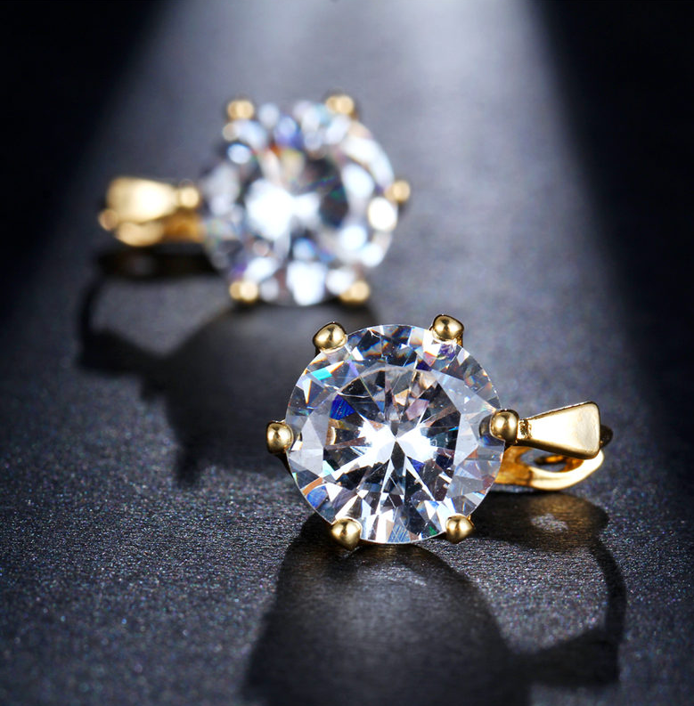 14K Gold Plated Daring Six Prong Large 6.8 Carat Zirconia Solitaire Earrings For Woman