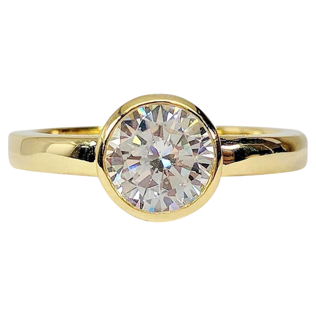 Coco D'ora 1.25CT Round Bezel Set OB Simulated Diamond Solitaire 18K Gold over Sterling Silver Ring for Women Bridal Engagement Wedding Anniversary Gift