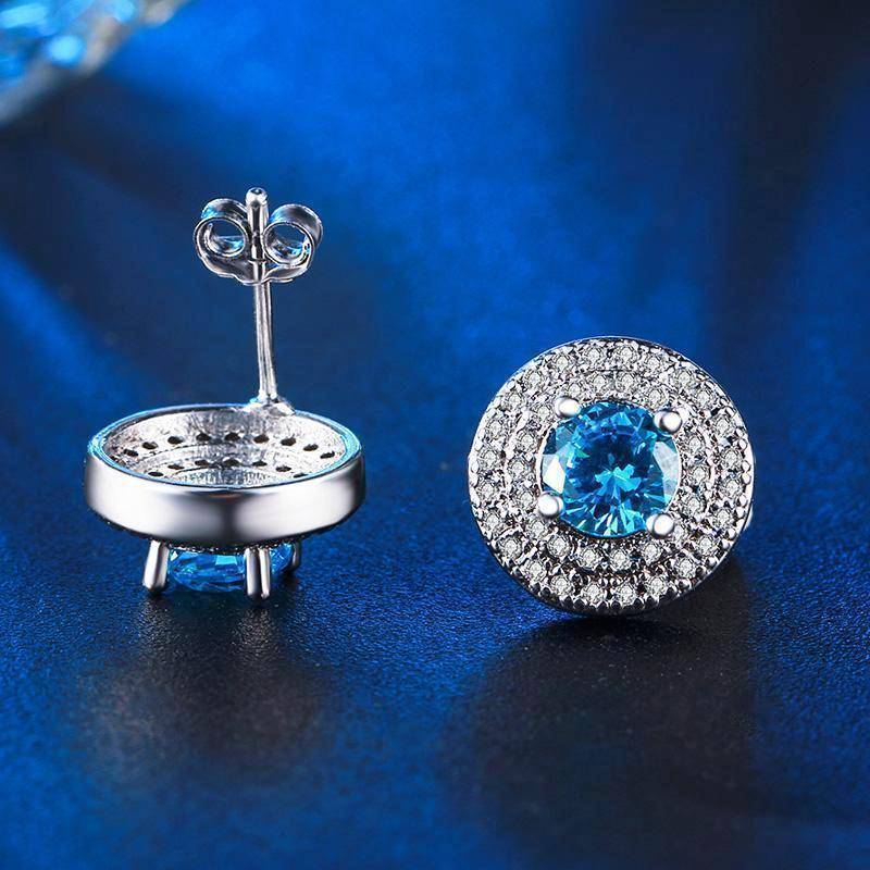 Tropical Blue CZ Double Halo 14K White Gold Plated Stud Earrings for Woman