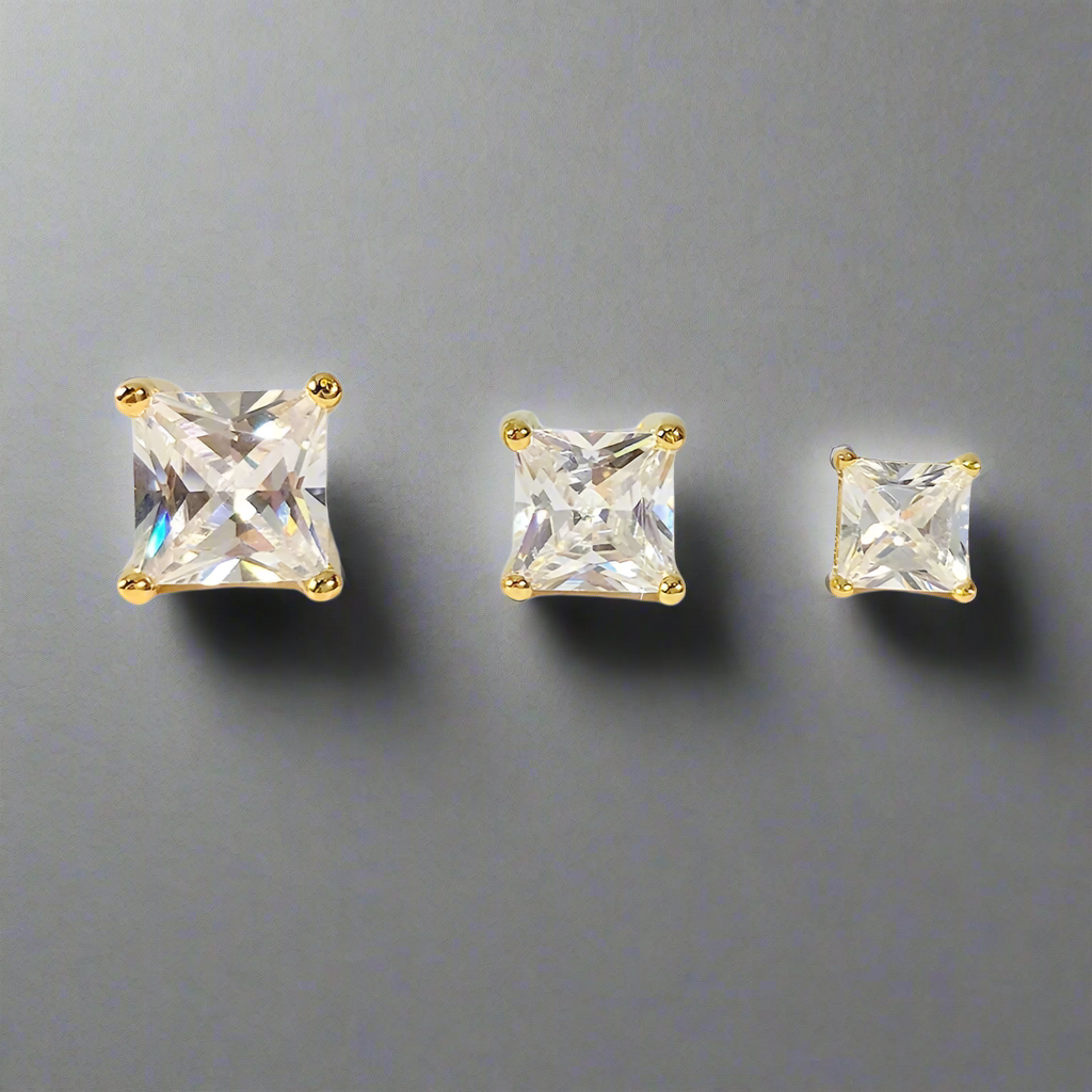 Tiara Princess Cut Simulated Diamond Solitaire Stud Earrings for Women - Platinum or 18K Gold Plated on Sterling Silver by OB