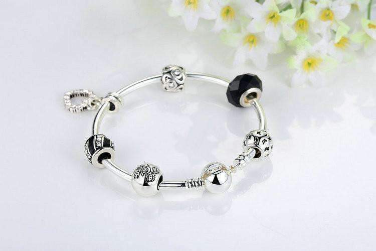 Feshionn IOBI bracelets ON SALE - Love & Family Black Glass Silver Bangle Bracelet