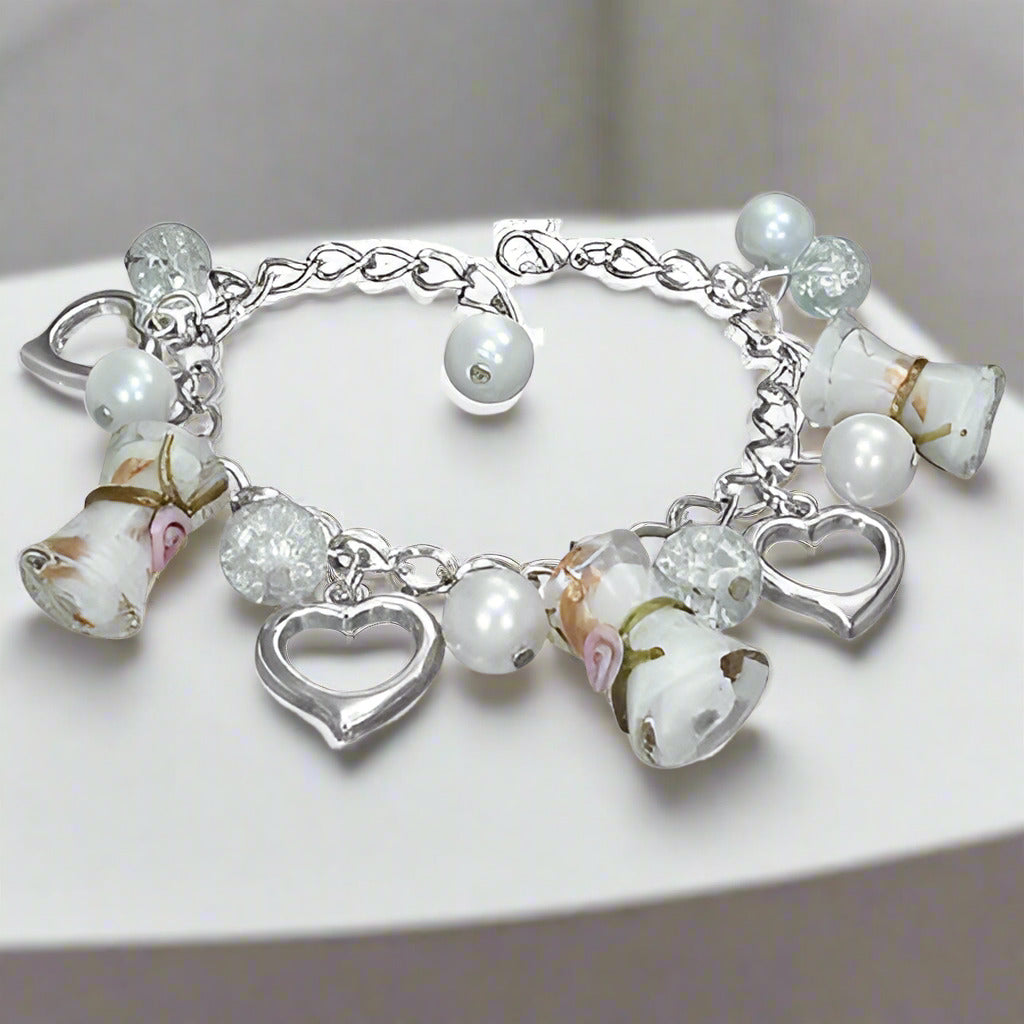 Feshionn IOBI bracelets Pearl Three Hearts Lamp Work Glass Bead Charm Bracelet ~ Three Colors to Choose