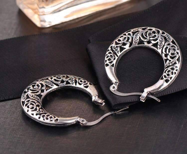 Feshionn IOBI Earrings Etched Vintage Rose Hoop Earrings