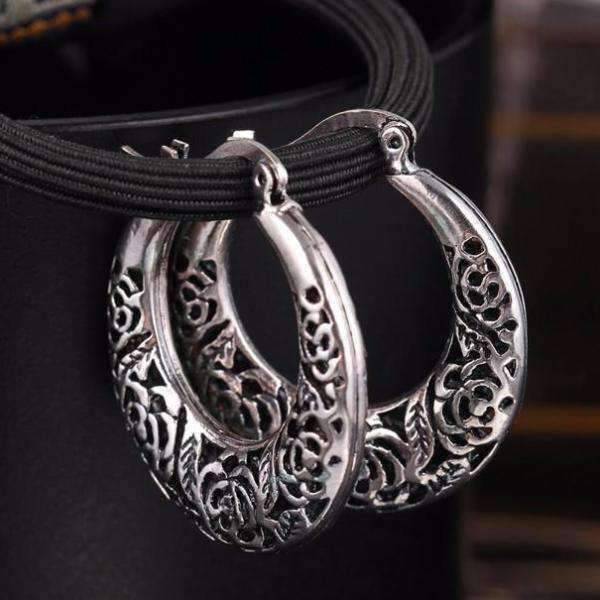 Feshionn IOBI Earrings Silver Patina Etched Vintage Rose Hoop Earrings