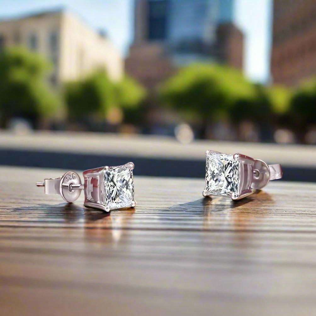 Feshionn IOBI Earrings Tiara Princess Cut IOBI Cultured Diamond Solitaire Stud Earrings