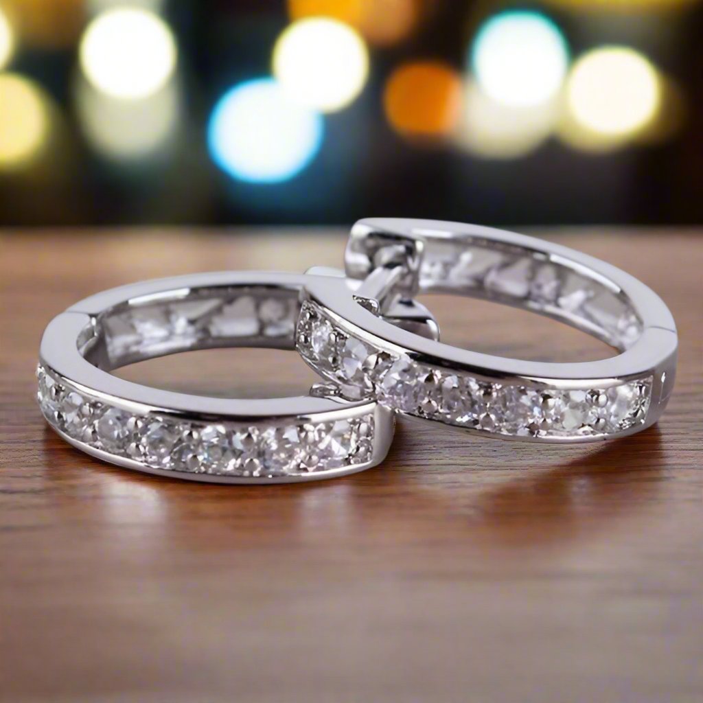 Feshionn IOBI Earrings White Gold ON SALE - Channel Set Sparkly CZ Diamond Petite Hoop Earrings