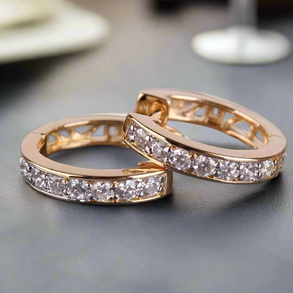 Feshionn IOBI Earrings Yellow Gold ON SALE - Channel Set Sparkly CZ Diamond Petite Hoop Earrings