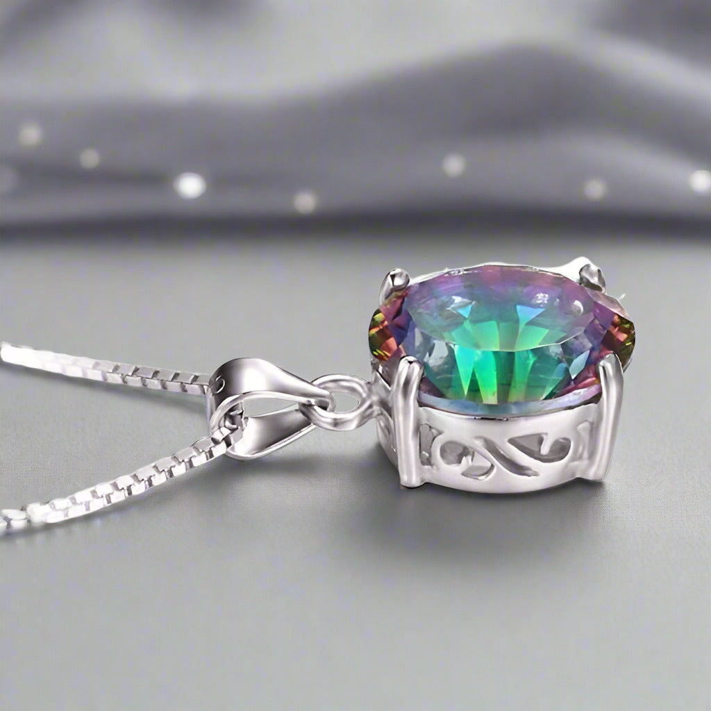Feshionn IOBI Necklaces Genuine Rainbow Fire Mystic Topaz Oval Cut 4CT IOBI Precious Gems Pendant Necklace