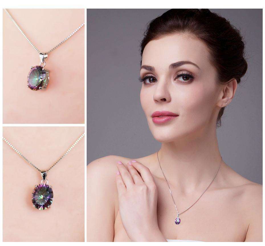 Feshionn IOBI Necklaces Genuine Rainbow Fire Mystic Topaz Oval Cut 4CT IOBI Precious Gems Pendant Necklace