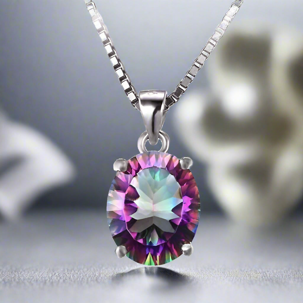 Feshionn IOBI Necklaces Rainbow Oval Pendant Genuine Rainbow Fire Mystic Topaz Oval Cut 4CT IOBI Precious Gems Pendant Necklace