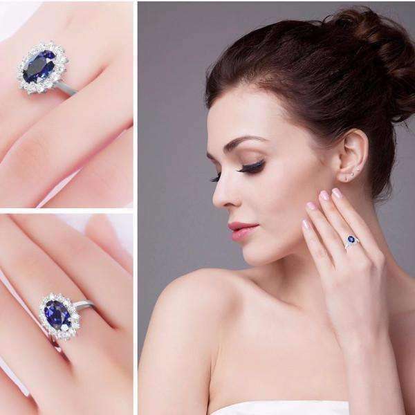 Feshionn IOBI Rings Swiss Blue Halo Oval Cut 2.5CT Simulated Sapphire IOBI Precious Gems Ring