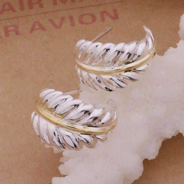 Feshionn IOBI Sets Fern Leaf Two-Tone Sterling Silver Necklace and Cuff Earrings Set