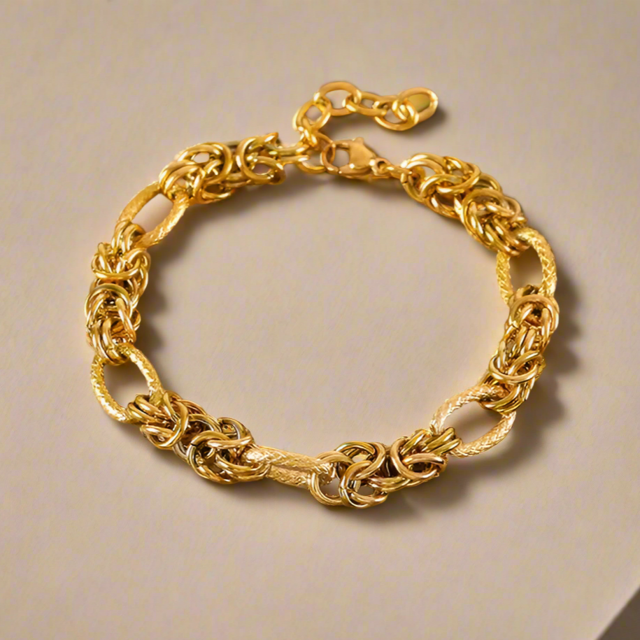 Women's Luxurious Yellow Gold-Plated Byzantine Diamond-Cut Oval Link Adjustable Bracelet in Stainless Steel