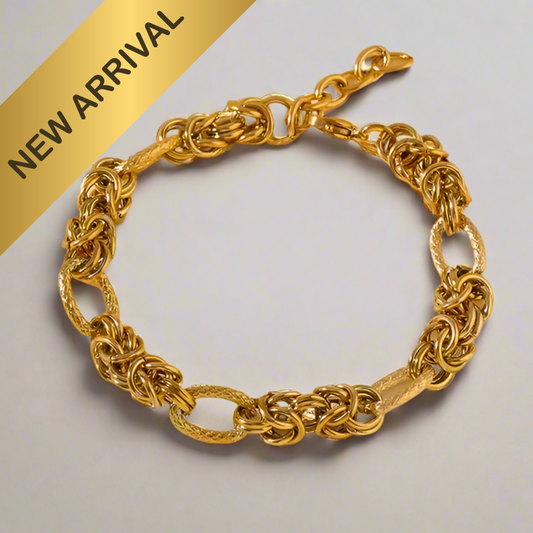 Women's Luxurious Yellow Gold-Plated Byzantine Diamond-Cut Oval Link Adjustable Bracelet in Stainless Steel
