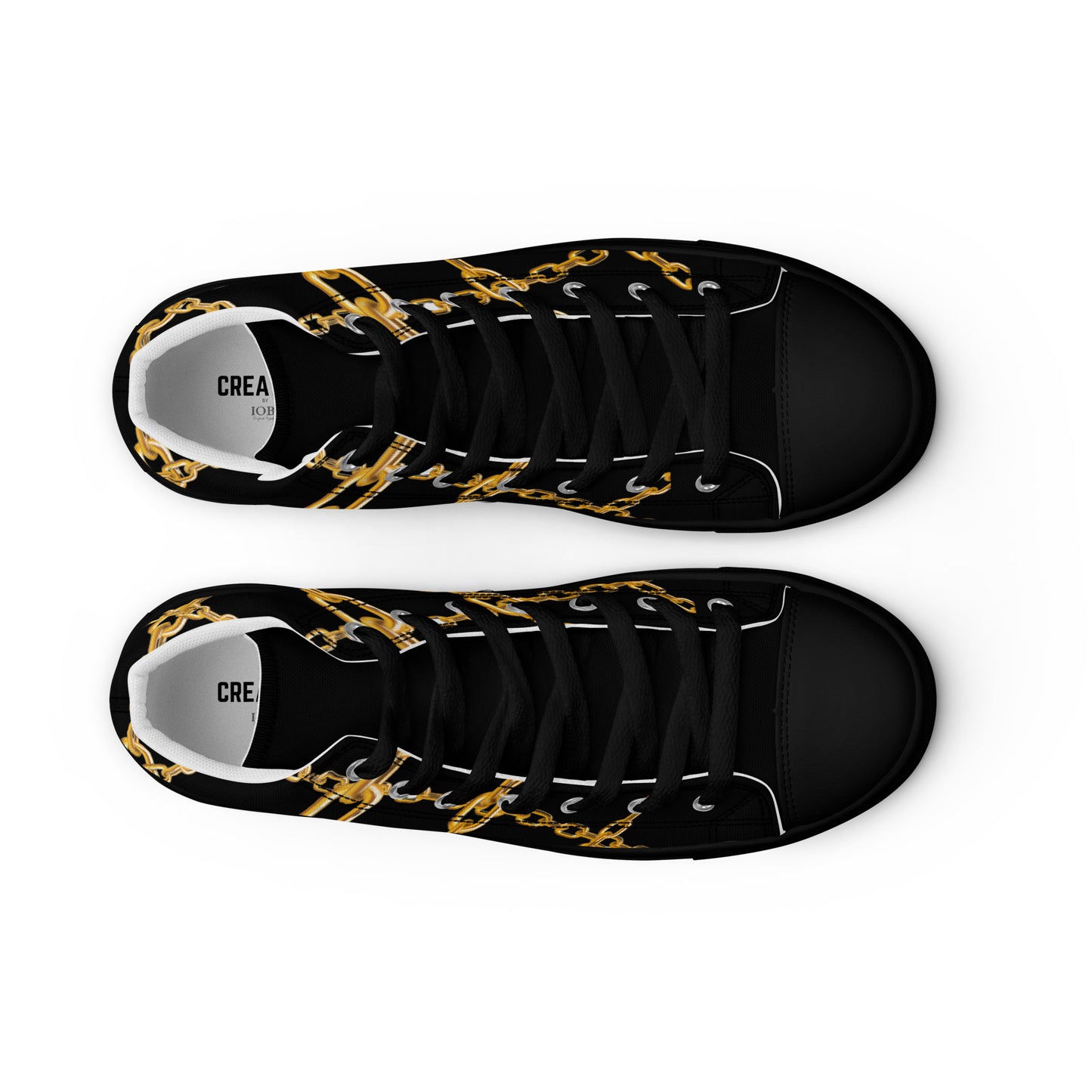 Steampunk Elegance: Black & Gold High Top Sneakers for Men - Unique Streetwear, Designer Canvas, Luxury Festival Footwear with Stylish Art Deco Chain Links