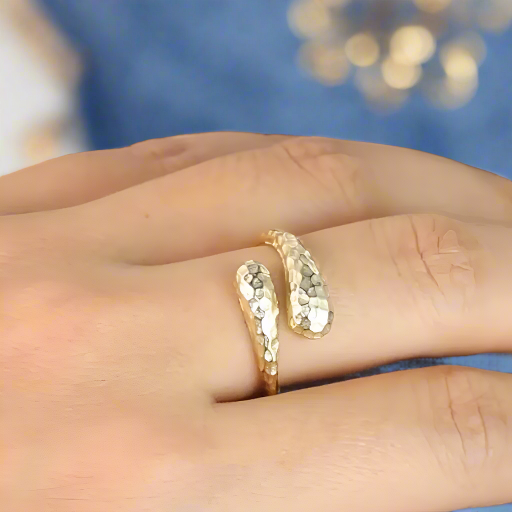 14K Gold Plated Sterling Silver Adjustable Hammered Open Ring for Women - Handmade Design