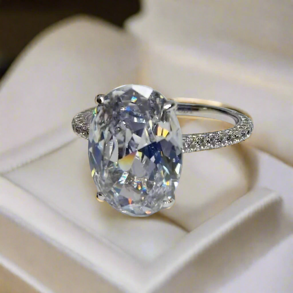 Alexandra 14K White Gold 5CT Oval Petite French Pavé Crown OB Simulated Diamond Ring for Women Engagement Wedding Special Occasion