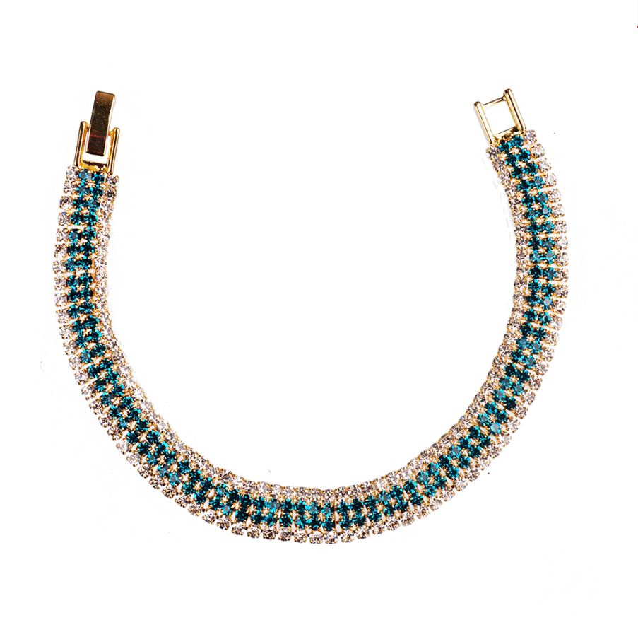 14K Yellow Gold Plated Deep Aqua Four Strand Gold and CZ Tennis Bracelet for Women