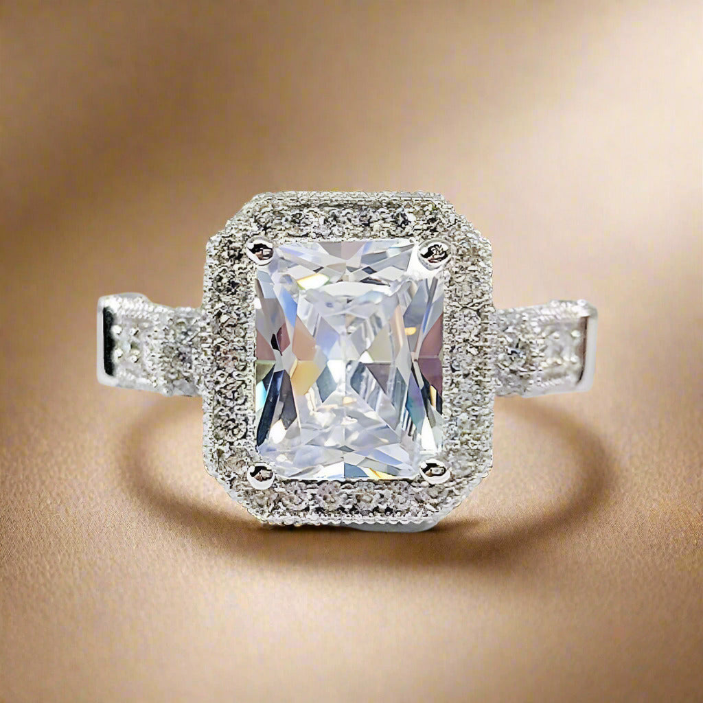 Aurelia 3CT Emerald Cut Halo OB Simulated Diamond Ring or Woman Bridal Engagement Wedding Anniversary Gift