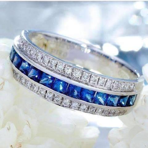 Dyanah En Bleu 1.32CTW Channel Set Princess and Pavé Band OB Simulated Diamond Ring for Women Bridal Engagement Wedding Anniversary Gift