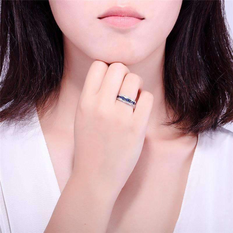 Dyanah En Bleu 1.32CTW Channel Set Princess and Pavé Band OB Simulated Diamond Ring for Women Bridal Engagement Wedding Anniversary Gift