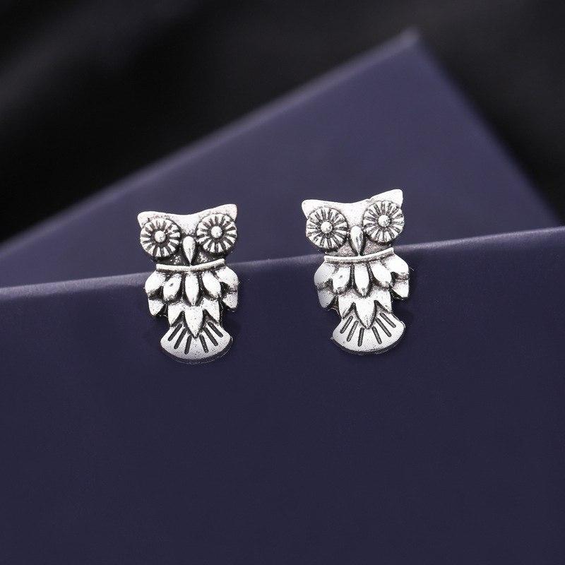 Natural Patina Silver Owl Stud Earrings for Women Everyday Wear