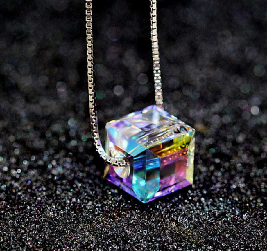 Color Magic Austrian Crystal Cube Necklace 14K White Gold plated Box Chain for Women Special Occasion Hoilday Birthday Everyday Wear
