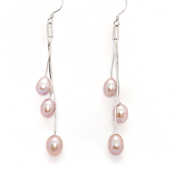 Lavender Triple Genuine Freshwater Pearl Sterling Silver Tassel Earrings for Women