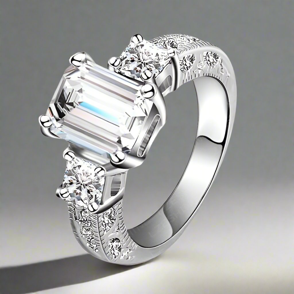 Timeless Three Stone 2.5 Ct Emerald Cut Swiss CZ Diamond Engagement Ring with Princess Accents - Ring for Women