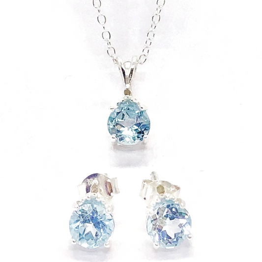 Genuine Blue Topaz & Diamond Accented OB Precious Gems 925 Sterling Silver Necklace & Earrings Set