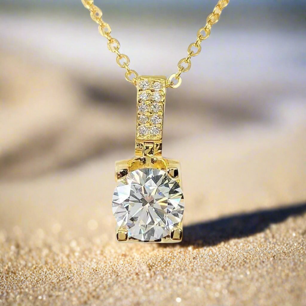 Giselle 1CT Tension Set OB Simulated Diamond Solitaire 18K Gold Plated Over Sterling Silver Pendant  Necklace for Women