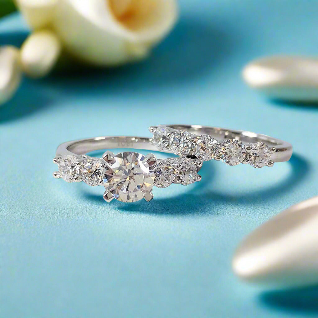 Gloria 2.03CTW Five Stone OB Simulated Diamond Wedding Band Sterling Silver Ring Set for Women Bridal Engagement Wedding Anniversary Gift