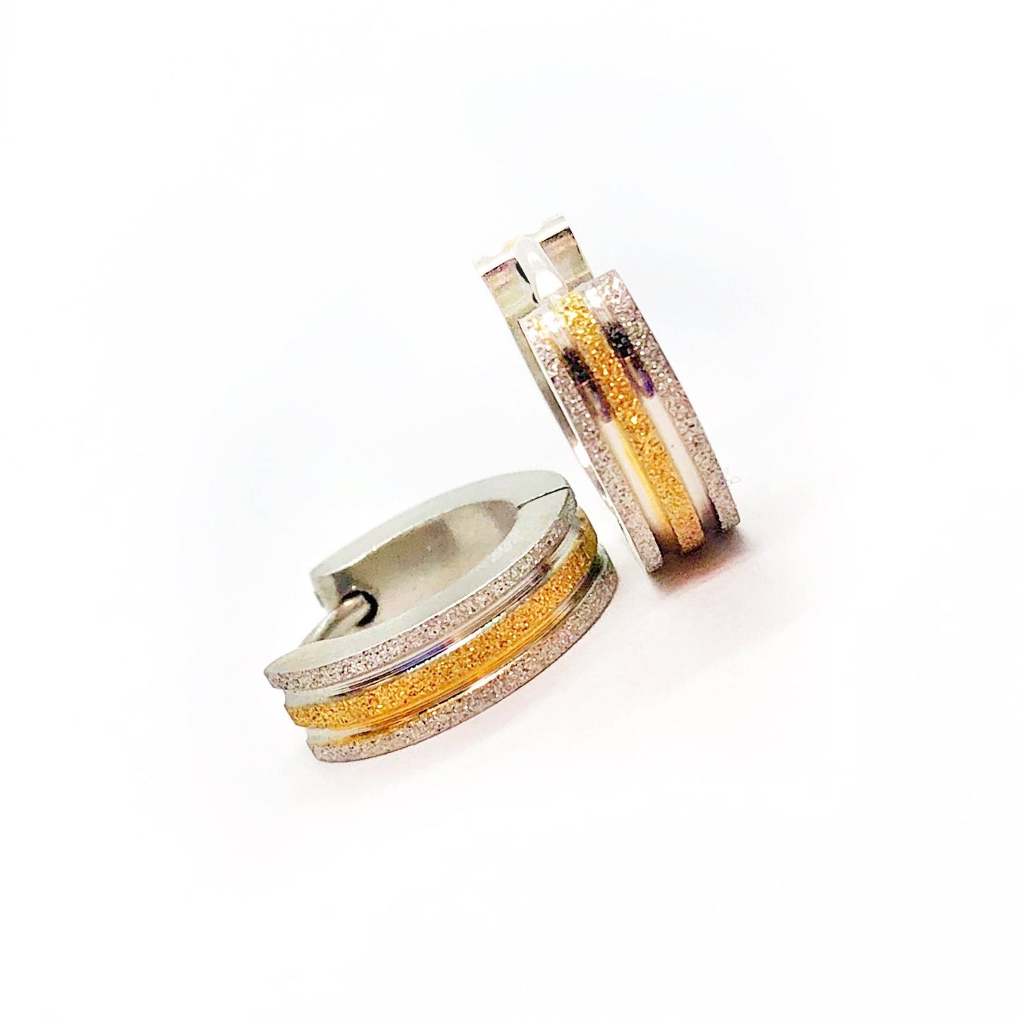 Frosted Two Tone Stripes Stainless Steel Huggie Hoop Earrings