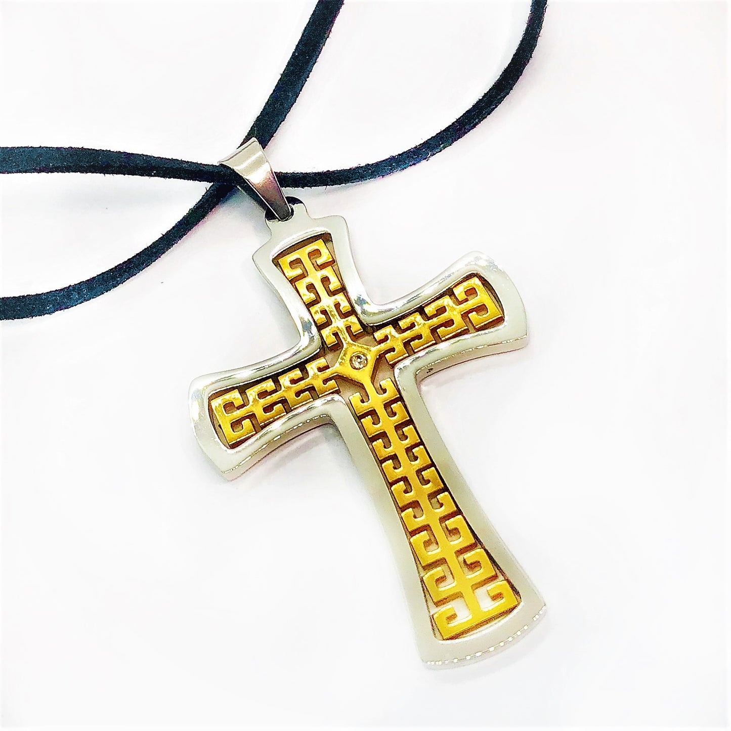 CZ Accented Two-Tone Stainless Steel Cross Necklace