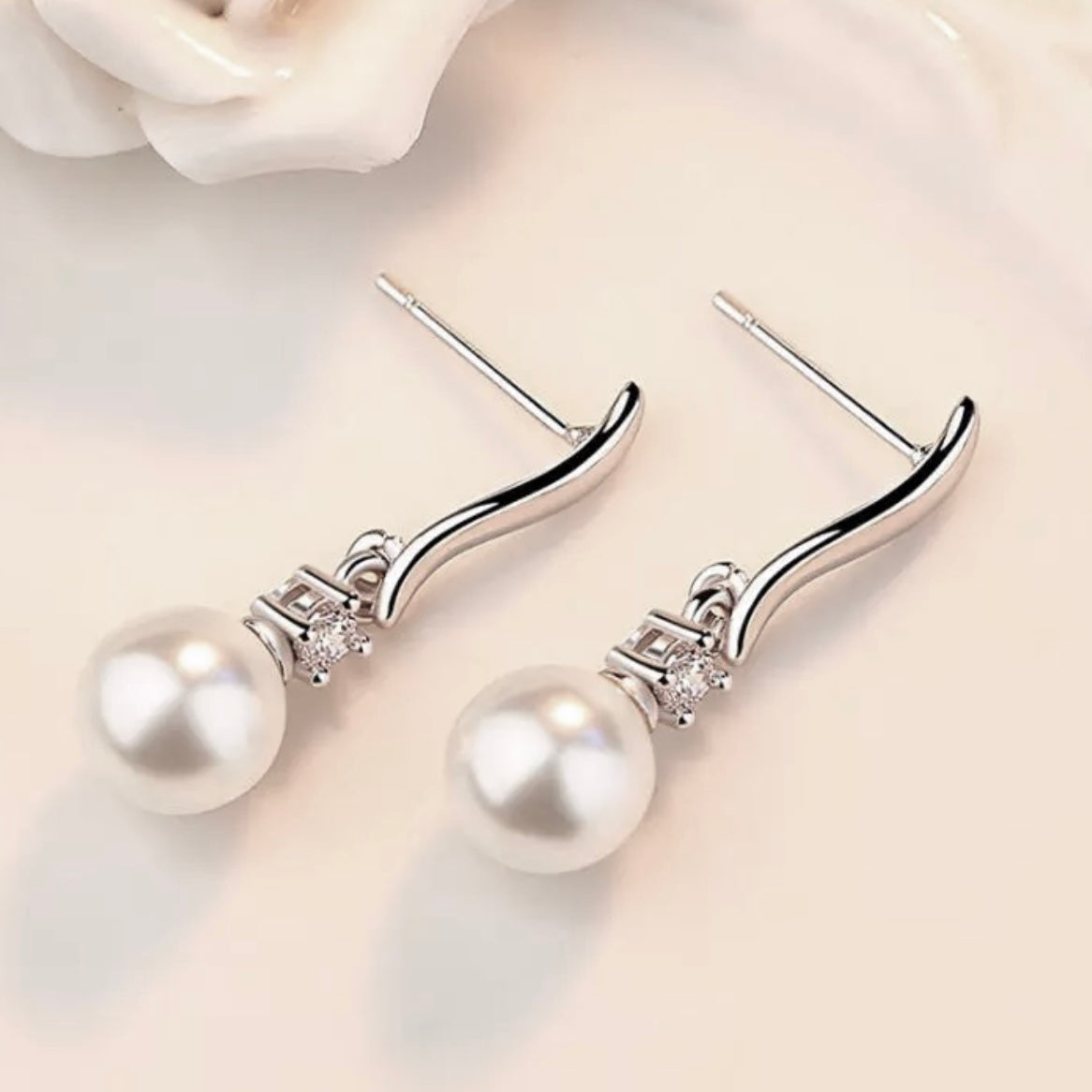 CZ Accented White Pearl Drop Earring
