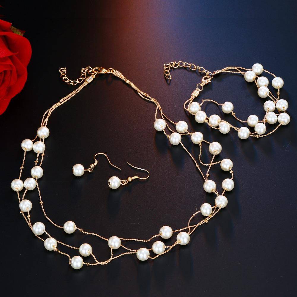 Layered Pearl Bead Station Necklace, Bracelet and Earrings Set