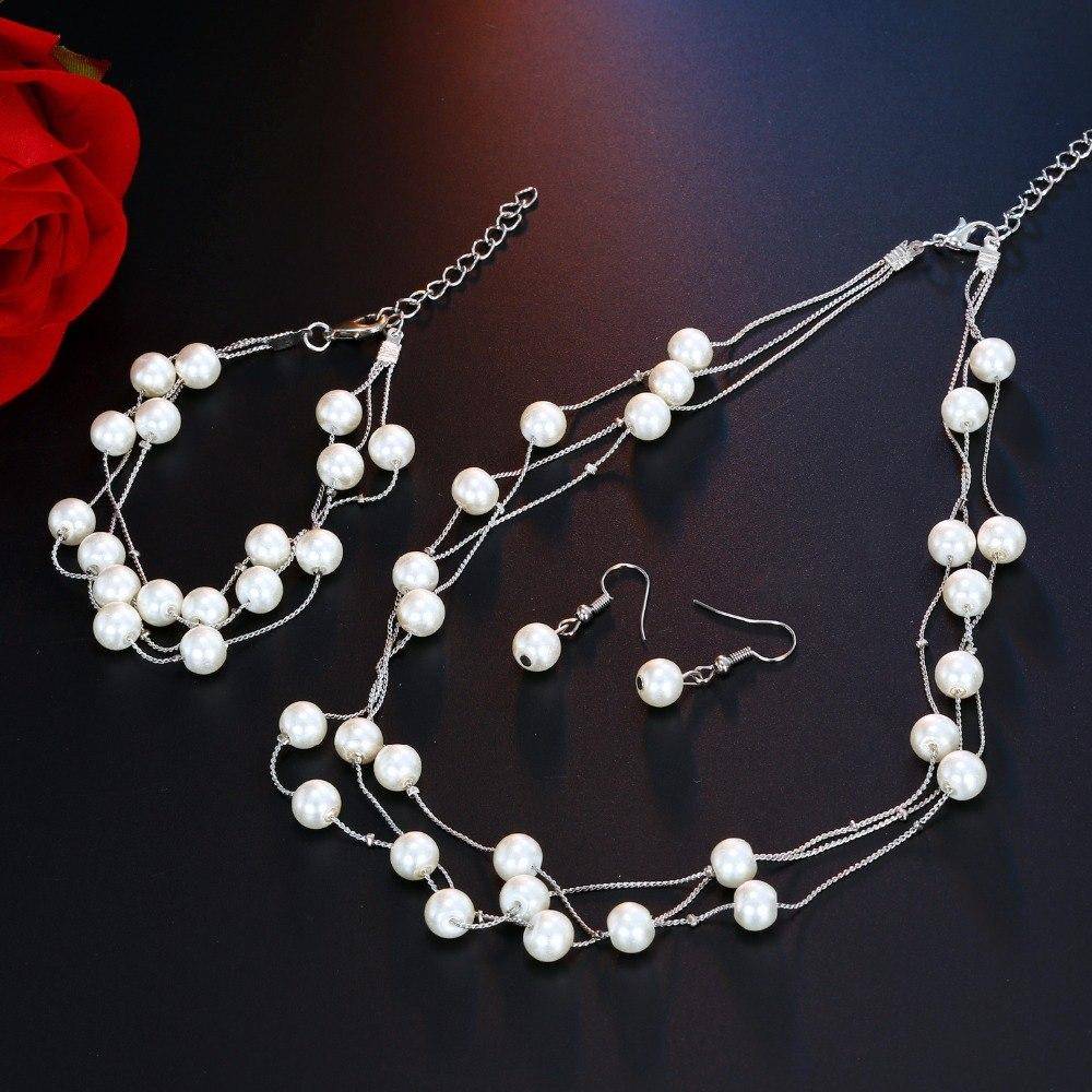 Layered Pearl Bead Station Necklace, Bracelet and Earrings Set