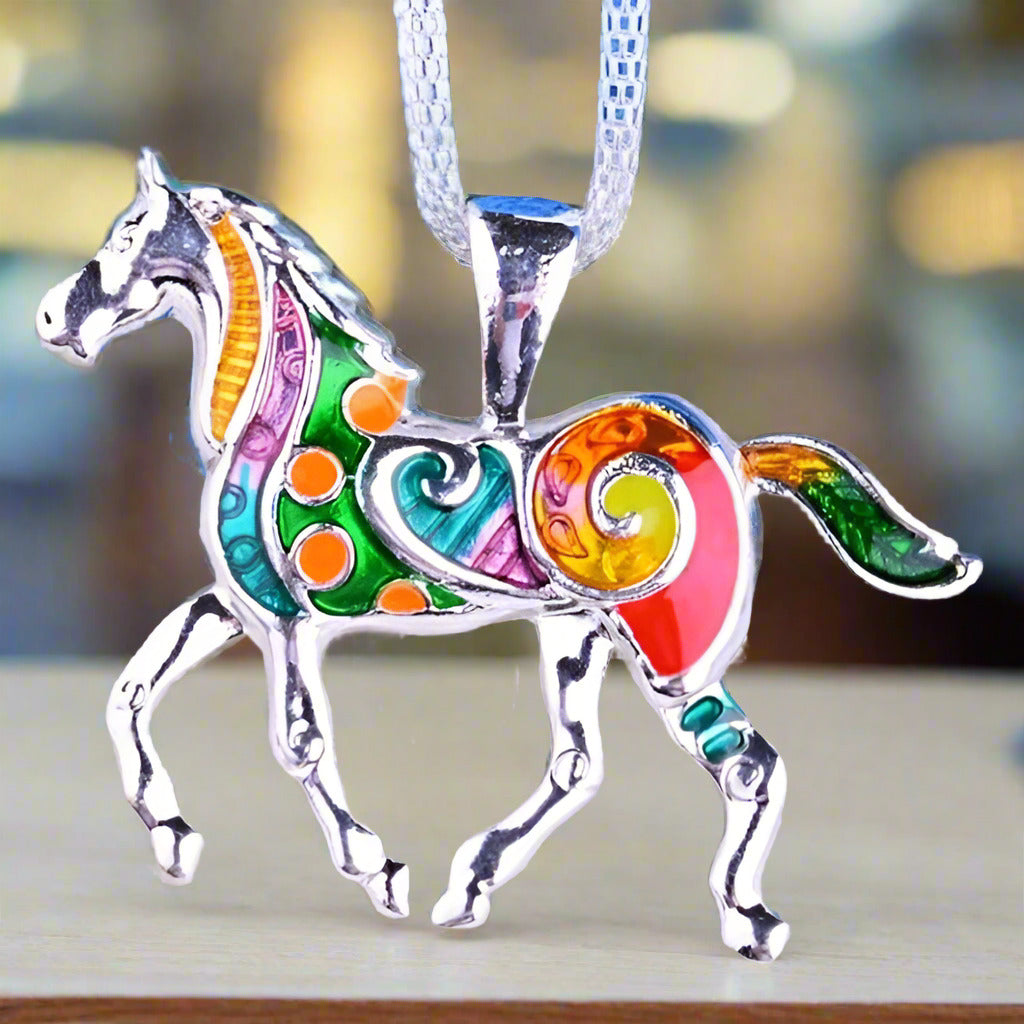 14K Gold Plated Painted Pony Enamel Horse Pendant Necklace for Woman Gift Horse Lover