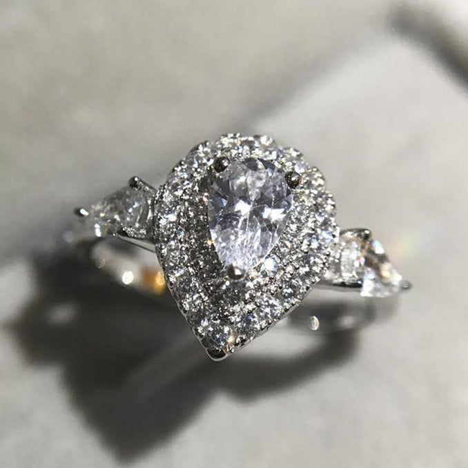 14K Gold Plated Petite Pavé Pear Cut CZ Halo Ring for Woman - White or Pink CZ
