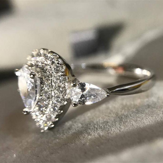 14K Gold Plated Petite Pavé Pear Cut CZ Halo Ring for Woman - White or Pink CZ