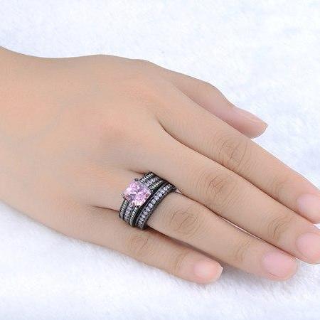 Pink Dusk Princess Cut CZ and Black Gold Engagement Ring Set