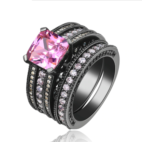 Pink Dusk Princess Cut CZ and Black Gold Engagement Ring Set