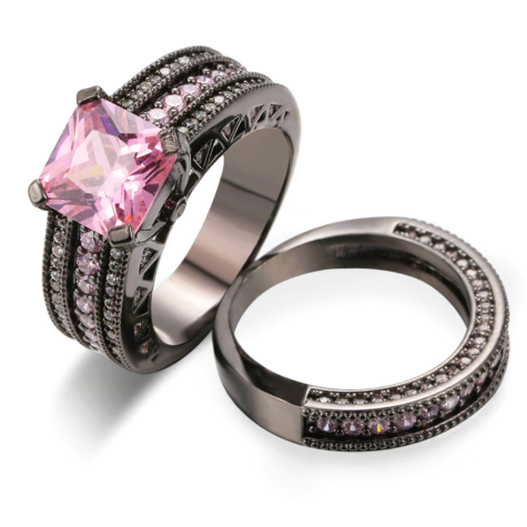 Pink Dusk Princess Cut CZ and Black Gold Engagement Ring Set
