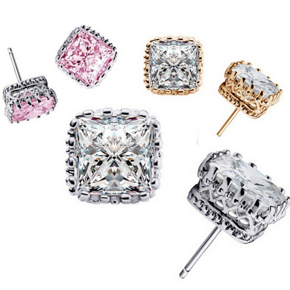 Royal Princess 7mm Cut Simulated White Or Pink Sapphire 14K Gold Plated Stud Earrings for Women