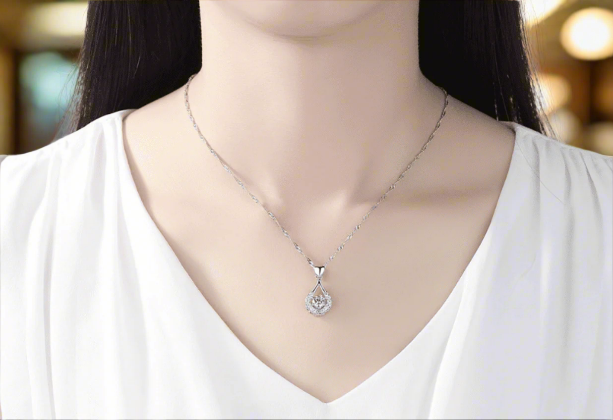 14K White Gold Plated Heart Drop Wrapped Brilliant Round Cut CZ Diamond Necklace for Women Special Occasions Bridal Holiday Valentine's Day