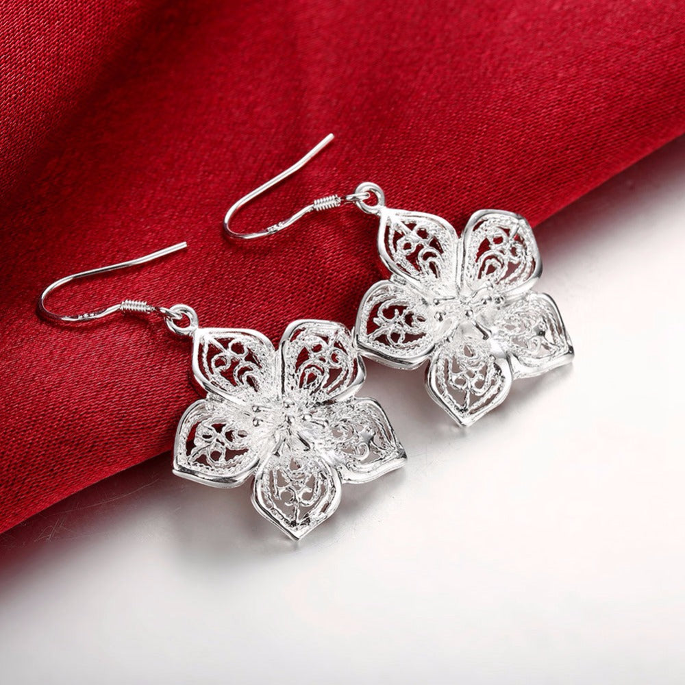 Silver Hibiscus Flower Earrings for Women