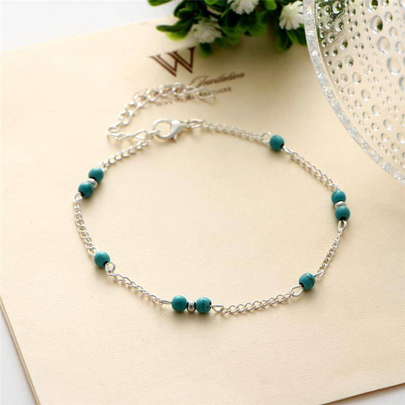 Petite Turquoise Beads Silver Anklet