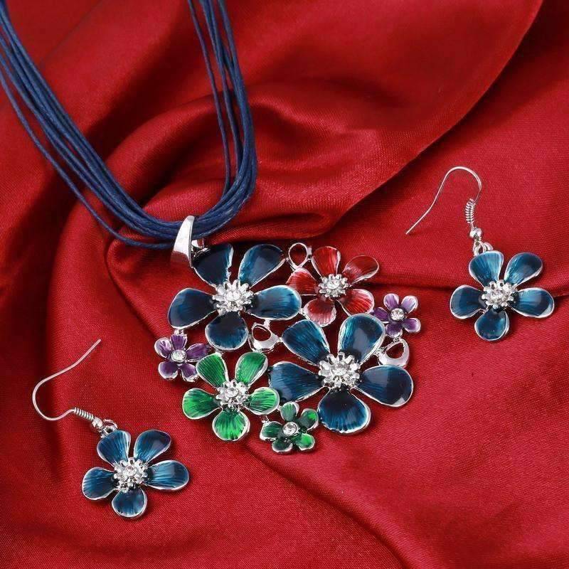 Spring Bouquet Enamel Flower Necklace and Earrings - In Three Colors