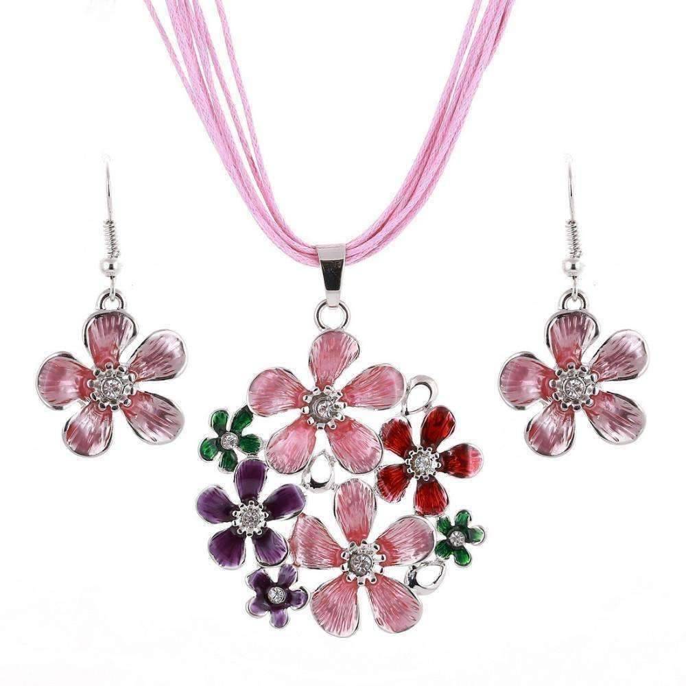 Spring Bouquet Enamel Flower Necklace and Earrings - In Three Colors