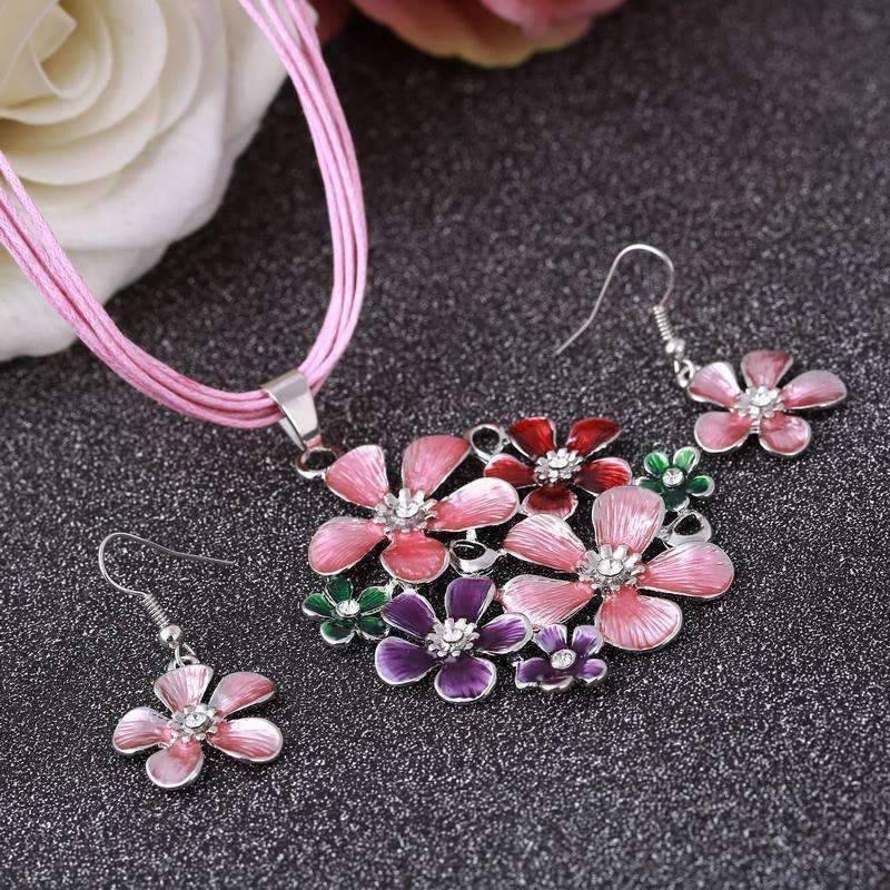 Spring Bouquet Enamel Flower Necklace and Earrings - In Three Colors